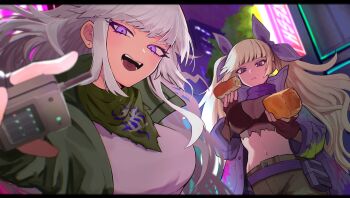 2girls :d :t absurdres black_bra bra bread breasts coat controller dual_persona earrings fishnet_top fishnets food food_on_face green_jacket green_scarf highres holding holding_food holding_remote_control jacket jewelry katama_(k85620232) large_breasts letterboxed looking_at_viewer midriff multiple_girls navel open_mouth purple_coat purple_eyes purple_scarf remote_control scarf shirt smile tribe_nine twintails underwear white_hair white_shirt yukigaya_enoki