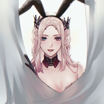 1girl angon623 animal_ear_hairband animal_ears black_gloves blonde_hair blue_eyes breasts cleavage collarbone curtains detached_collar eirene_(path_to_nowhere) fake_animal_ears forehead from_front gloves hairband half_updo headpiece heterochromia light_blush looking_at_viewer medium_breasts nude obstructed_view parted_bangs path_to_nowhere rabbit_ear_hairband rabbit_ears red_eyes red_lips single_glove smile solo straight-on upper_body