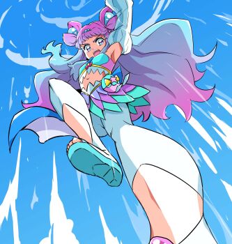 1girl absurdres blue_background blue_eyes blue_hair blue_skirt blue_tube_top commentary cure_la_mer detached_sleeves double_bun eyelash_ornament flying_kick foot_out_of_frame from_below gem gradient_hair hair_bun high_heels highres kicking laura_la_mer long_hair looking_down magical_girl midriff motion_lines multicolored_hair navel open_mouth pantyhose pearl_(gemstone) pearl_hair_ornament pink_hair pink_skirt pink_tube_top precure shoes skirt solo speed_lines strapless teeth tropical-rouge!_precure tube_top two-tone_hair two-tone_skirt two-tone_tube_top upper_teeth_only uraki v-shaped_eyebrows very_long_hair white_pantyhose white_sleeves yellow_shoes