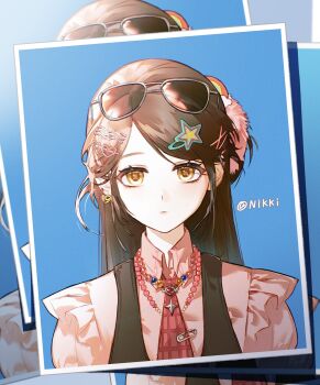 1girl bead_necklace beads black_vest blue_sky bored brown_hair chinese_commentary collared_shirt commentary_request copyright_name day empty_eyes eyelashes eyewear_on_head frilled_shirt frills grey-framed_eyewear hair_ornament hair_scrunchie hairclip heart heart_hair_ornament highres infinity_nikki jewelry light176 long_hair necklace necktie nikki_(series) one_side_up outdoors paperclip photo_(object) pink_necktie pink_scrunchie pink_shirt plaid_clothes plaid_necktie puffy_short_sleeves puffy_sleeves rainbow_hair_ornament rosie_sweetheart_(infinity_nikki) scrunchie shadow shirt short_sleeves sky solo star_(symbol) straight-on straight_hair sunglasses swept_bangs tie_clip upper_body vest x_hair_ornament y2k_fashion yellow_eyes