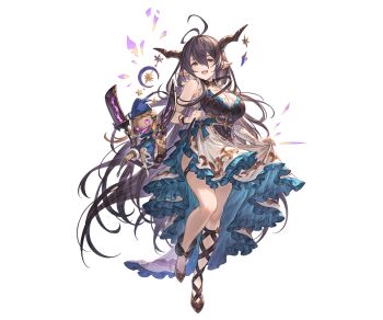 :d absurdly_long_hair antenna_hair aqua_trim armpit_crease asymmetrical_legwear asymmetrical_sleeves black_corset black_hair black_horns black_shoes blue_ribbon breasts brown_eyes cleavage contrapposto corset curtsey danua draph frilled_sleeves frills granblue_fantasy hair_between_eyes horns large_breasts long_hair looking_at_viewer messy_hair minaba_hideo official_alternate_costume official_art open_mouth pointy_ears puppet ribbon shoes sleeveless smile solo thigh_strap third-party_source train_(clothing) transparent_background two-sided_fabric very_long_hair white_sleeves