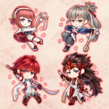 Rule 34 | 2boys, 2girls, ahoge, armor, brown eyes, fire emblem, fire emblem fates, grey hair, hair between eyes, hair ribbon, high ponytail, highres, hinoka (fire emblem), japanese armor, japanese clothes, katana, looking at viewer, multiple boys, multiple girls, mythicat, naginata, nintendo, orange eyes, pink eyes, pink hair, polearm, ponytail, red eyes, ribbon, ryoma (fire emblem), sakura (fire emblem), siblings, sword, takumi (fire emblem), weapon