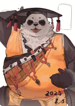 Rule 34 | 1boy, animal ears, arm behind head, belly, black fur, chinese clothes, closed eyes, dated, facing viewer, fat, fat man, hand on own head, hand on own stomach, hashtag-only commentary, highres, mmm1869015, multicolored fur, obese, open mouth, pan yinhu, panda boy, panda ears, round eyewear, shirt, smile, white background, white fur, wok, yellow shirt, zenless zone zero