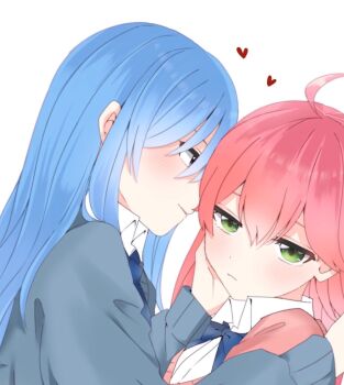 2girls blue_eyes blue_hair blush collared_shirt commentary green_eyes grey_sweater hand_on_another's_face heart highres hololive hoshimachi_suisei long_hair multiple_girls parted_lips pink_hair pink_sweater sakura_miko school_uniform shirt simple_background smile sweater symbol-only_commentary virtual_youtuber white_background white_shirt yuri zatta_zmm