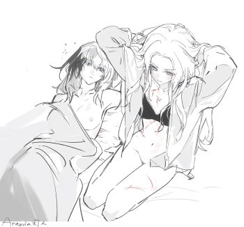2girls adjusting_hair aftersex artuvia blue_eyes blush bra breasts commentary_request edelgard_von_hresvelg embarrassed female_byleth_(fire_emblem) fire_emblem fire_emblem:_three_houses greyscale hickey highres long_hair medium_breasts monochrome multiple_girls navel nintendo nipples no_panties open_clothes open_shirt purple_eyes scar small_breasts spot_color stomach underwear waking_up yuri
