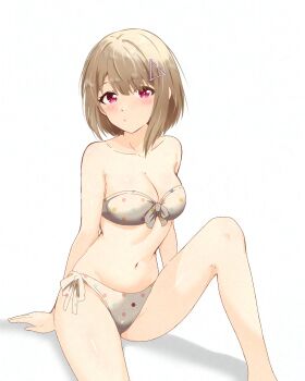 1girl adversarial_noise alternate_costume asymmetrical_hair bikini bob_cut breasts brown_hair cleavage closed_mouth collarbone commentary feet_out_of_frame front-tie_bikini_top front-tie_top hair_ornament highres hitorilily inverted_bob love_live! love_live!_nijigasaki_high_school_idol_club medium_breasts nakasu_kasumi navel pink_eyes polka_dot polka_dot_bikini side-tie_bikini_bottom solo stomach swimsuit triangle_hair_ornament unmoving_pattern white_bikini