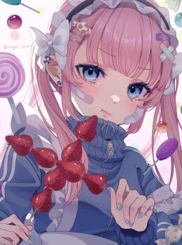 Rule 34 | 1girl, absurdres, amanegi toro, bandaid, blue eyes, bow, candy, food, fruit, hair ornament, highres, jersey maid, lollipop, looking at viewer, maid, nail polish, original, pink hair, simple background, solo, strawberry, sweater, tearing up, twintails, unconventional maid, upper body, white background
