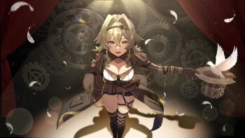 Rule 34 | 1girl, :d, absurdres, belt, belt buckle, bird, blush, boots, bowing, braid, breasts, brown belt, brown boots, brown gloves, brown hairband, brown hat, brown jacket, brown shirt, brown shorts, buckle, chinese commentary, cleavage, cleavage cutout, clock, clothing cutout, commentary request, crossed bangs, curtains, dove, eyelashes, falling feathers, feathers, feet out of frame, from above, gear hair ornament, gears, gloves, green hair, grey eyes, hair between eyes, hair intakes, hair ornament, hairband, hat, highres, holding, holding unworn clothes, holding unworn hat, honkai (series), honkai impact 3rd, jacket, knee boots, lace-up boots, large breasts, light particles, long sleeves, looking at viewer, medium hair, open mouth, outstretched arm, puffy sleeves, shadow, shirt, short shorts, shorts, sidelocks, single braid, smile, solo, spotlight, stage, standing, steampunk, thigh gap, thighs, top hat, unworn hat, unworn headwear, vill-v, yolanda