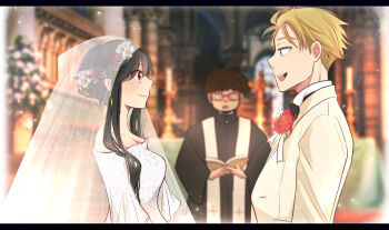 1girl 2boys :d afro alex_(sandora) black_bow black_bowtie black_hair blonde_hair blue_eyes blurry blurry_background blush border boutonniere bow bowtie breasts bridal_veil bride brown_hair closed_mouth collarbone commentary_request dress fading_border flower flower_wreath franky_franklin from_side glasses groom head_wreath indoors jacket lapel_pin letterboxed light_particles looking_at_another medium_breasts multiple_boys open_mouth priest red-framed_eyewear red_eyes red_flower short_hair short_hair_with_long_locks sideways_mouth smile spy_x_family strapless strapless_dress suit_jacket tuxedo twilight_(spy_x_family) upper_body veil very_short_hair wedding wedding_dress white_dress white_jacket yor_briar