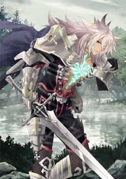 1boy abs armor armored_boots balmung_(fate) belt belt_buckle black_pants black_shirt blue_cape boots brown_belt brown_boots buckle buttons cape chain cheek_tattoo chest_tattoo closed_mouth fate/grand_order fate_(series) feet_out_of_frame gauntlets glowing glowing_tattoo green_eyes grey_hair hair_between_eyes holding holding_sword holding_weapon konoe_ototsugu lake leg_armor leg_up long_hair long_sleeves looking_at_viewer looking_to_the_side male_focus nature official_art open_clothes open_shirt outdoors pants pectorals sheath shirt shoulder_armor sidelocks siegfried_(fate) sky solo standing sword tattoo thigh_boots third-party_source tree weapon