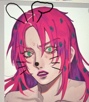 1boy animal_ears collarbone diavolo drawn_ears drawn_whiskers ei_k20 fake_animal_ears green_eyes highres jojo_no_kimyou_na_bouken long_hair looking_at_viewer makeup male_focus parted_lips pink_hair portrait purple_lips rabbit_ears solo sweatdrop teeth vento_aureo wide-eyed