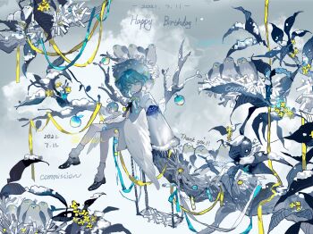 1girl apple bird bird_nest black_shoes blue_apple blue_eyes blue_hair blue_jacket blue_ribbon chinese_commentary closed_mouth commentary_request commission dated expressionless food fruit fur-trimmed_sleeves fur_trim hair_between_eyes happy_birthday highres holding holding_food holding_fruit jacket long_sleeves nest nest_on_head original outdoors ribbon shoes short_hair sitting sitting_on_branch snow socks solo too_many too_many_birds vihua6 watermark white_socks white_wings wings yellow_ribbon