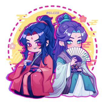 2boys artist_name bamboo_print ben-day_dots bindi black_hair black_hanfu blush border chibi chibi_only chinese_clothes closed_mouth colored_shadow cup curly_hair curtained_hair dotted_line drop_shadow earrings facial_mark flower forehead_mark green_eyes green_hanfu grin hair_bun half_updo hand_fan hanfu holding holding_cup holding_fan inset_border jewelry long_hair long_sleeves looking_at_viewer luo_binghe male_focus multiple_boys paper_fan parted_bangs pink_border plum_blossoms raised_eyebrow red_eyes red_robe renzha_fanpai_zijiu_xitong robe screentones shadow shen_qingqiu sidelocks siliceb single_hair_bun sitting smile thick_eyebrows twitter_username white_background white_hanfu wide_sleeves xiangyun xiao_guan_(headdress) yellow_background zuiyin