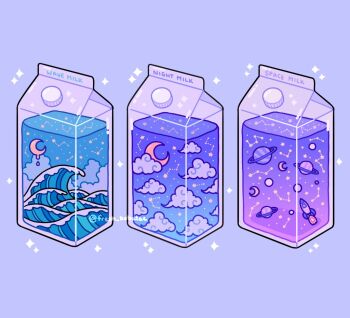 blue_background blue_clouds cloud constellation crescent_moon drink_carton emily_kim liquid milk_carton moon night no_humans original pastel_colors planet purple_theme saturn_(planet) simple_background sky spacecraft sparkle twitter_username waves