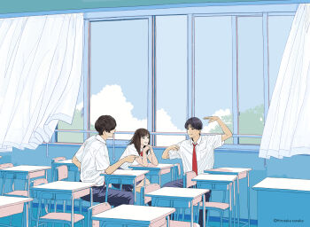 Rule 34 | 1girl, 2boys, arms up, black hair, blue sky, brown hair, chair, classroom, cloud, cloudy sky, collared shirt, curtains, desk, highres, indoors, long hair, multiple boys, necktie, original, parted lips, profile, red neckwear, shirt, short hair, short sleeves, sky, slice of life, smile, tanaka hirotaka, white shirt, window