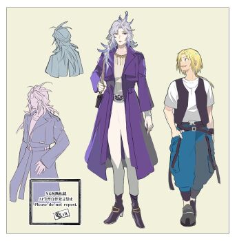 Rule 34 | 2boys, alternate costume, androgynous, aqua eyes, azumi0aikawa, bag, baggy pants, belt, belt buckle, bishounen, black belt, black boots, black vest, blonde hair, blue pants, boots, border, buckle, coat, commentary request, cropped torso, dissidia duellum final fantasy, dissidia final fantasy, feather hair ornament, feathers, final fantasy, final fantasy ix, full body, gold necklace, grey background, grey hair, hair ornament, hair over shoulder, hand in pocket, jewelry, kuja, long coat, long hair, looking at another, low ponytail, male focus, multiple boys, multiple views, necklace, official alternate costume, panties, pants, parted lips, ponytail, purple coat, purple eyes, shirt, shoulder bag, smile, t-shirt, underwear, vest, walking, white border, white panties, white shirt, zidane tribal