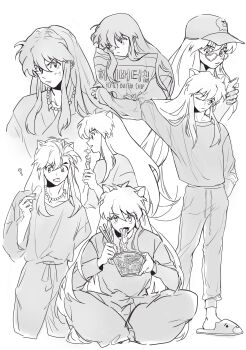 1boy absurdres animal_ears arm_behind_head baseball_cap bead_necklace beads chopsticks cup_ramen dirty dirty_face dog_boy dog_ears food full_body greyscale hakama hand_in_own_hair hat heart heart-shaped_eyewear highres holding holding_chopsticks holding_food indian_style inuyasha inuyasha_(character) japanese_clothes jewelry long_hair male_focus midriff_peek monochrome multiple_views necklace one_eye_closed print_sweater shuaitofu sidelocks sitting slippers solo standing sweater tooth_necklace white_hair