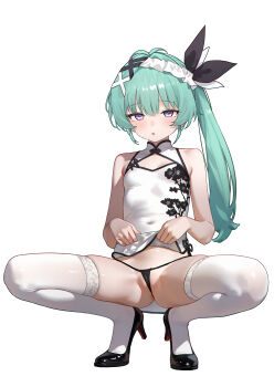 Rule 34 | 1girl, absurdres, aqua hair, bare arms, black panties, blush, breasts, china dress, chinese clothes, cleavage cutout, closed mouth, clothes lift, clothing cutout, commentary request, commission, covered navel, dress, eco 376124, floral print, floral print dress, full body, hair ornament, high heels, highres, indie virtual youtuber, lifting own clothes, long hair, looking at viewer, panties, pelvic curtain, pelvic curtain lift, pixiv commission, print dress, purple eyes, side-tie panties, side ponytail, simple background, small breasts, solo, spread legs, squatting, thighhighs, thighs, thong, tonari mei, underwear, virtual youtuber, white background, white dress, white thighhighs, x hair ornament
