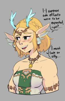 blonde_hair dragon_horns english_text green_eyes grey_background highres horns light_dragon_(zelda) nintendo princess_zelda short_hair sihagen simple_background sleeveless source_request the_legend_of_zelda the_legend_of_zelda:_tears_of_the_kingdom