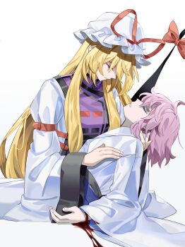 Rule 34 | 2girls, absurdres, alternate costume, bleeding, blonde hair, blood, breasts, closed eyes, closed mouth, commentary, death, dress, facing another, gap (touhou), hat, hat ribbon, highres, japanese clothes, kimono, long hair, long sleeves, maka (maka04021), mob cap, multiple girls, pink hair, purple tabard, red ribbon, ribbon, saigyouji yuyuko, saigyouji yuyuko (living), small breasts, tabard, touhou, very long hair, white dress, white hat, white kimono, wide sleeves, wrist cutting, yakumo yukari