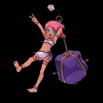 1girl :d anklet aqua_eyes arms_up barefoot bikini bikini_top_only black_background blush breasts fangs full_body halterneck hammer highres holding holding_hammer huge_weapon jewelry juju_(merc_storia) leaning_back merc_storia merc_storia_art_team navel official_art one_side_up open_mouth outstretched_arm sash short_hair simple_background small_breasts smile solo standing standing_on_one_leg swimsuit tachi-e v v-shaped_eyebrows weapon