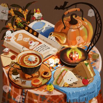artist_name bat_(animal) book bookmark bread brown_background candle cape crown cup dog drink envelope facial_hair fire food food_focus ghost halloween issiki_toaki kettle ladder marshmallow mustache no_humans open_book original plant pumpkin red_cape sandwich saucer sugar_cube table tea teabag teacup tomato wax_seal