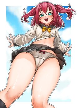 aqua_eyes bow bow_panties commentary english_commentary from_below grey_skirt highres kurosawa_ruby looking_at_viewer love_live! love_live!_sunshine!! medium_hair navel open_mouth panties red_hair ribbon school_uniform serafuku skirt sky standing superfann thighs two_side_up underwear upskirt uranohoshi_school_uniform winter_uniform
