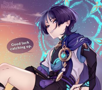 1boy anemo_symbol_(genshin_impact) armor arms_at_sides artist_name black_bodysuit black_bow black_bridal_gauntlets black_shorts blue_gemstone blue_halo blue_kimono blue_sleeves blunt_ends bodysuit bow bridal_gauntlets cape clothing_cutout cloud cropped dusk english_text eyelashes eyeliner eyeshadow feathers gem genshin_impact glowing_markings gold gold_ring hakama hakama_shorts halo halo_behind_head hip_vent japanese_armor japanese_clothes juban kimono kote kurokote layered_sleeves looking_at_viewer makeup male_focus mandarin_collar middle_ring open_clothes open_kimono orange_sky outdoors parted_lips pleated_shorts pom_pom_(clothes) purple_cape purple_eyes purple_hair purple_rope purple_sash red_eyeliner red_eyeshadow rope royal_bootlace sash scaramouche_(genshin_impact) short_sleeves shorts sky smug solo speech_bubble tassel tsurime wanderer_(genshin_impact) white_kimono white_mouth white_sleeves white_trim wispy_bangs yellow_feathers