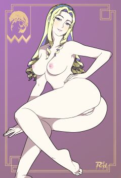ass blonde_hair blue_eyes blush breasts butt_crack constance_von_nuvelle curly_hair feet fire_emblem fire_emblem:_three_houses hairband hand_on_own_hip long_hair looking_at_viewer looking_back lying multicolored_hair nintendo nipples nude on_side purple_hair pussy r3dfive two-tone_hairy