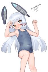 Rule 34 | 1girl, absurdres, blunt bangs, blunt tresses, breasts, closed eyes, dated, feet out of frame, grey hair, grey one-piece swimsuit, hair ribbon, headgear, highres, kantai collection, long hair, looking at viewer, lying, maru (marg0613), murakumo (kancolle), old school swimsuit, one-piece swimsuit, orange eyes, ribbon, school swimsuit, simple background, small breasts, solo, swimsuit, tress ribbon, twitter username, white background