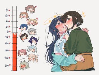 +++ 1other 6+girls @_@ akiyama_mizuki asahina_mafuyu black_hair blue_jacket blue_nails blush braid brown_eyes brown_hair chibi chibi_inset clothes_grab commentary dazed flying_sweatdrops from_behind green_shirt grey_background grey_eyes hair_between_eyes hair_ribbon hanasato_minori hand_on_another&#039;s_chin heart highres hinomori_shiho hinomori_shizuku hoshino_ichika_(project_sekai) implied_kiss jacket kiritani_haruka kiss_meter_(meme) kusanagi_nene le0niigo lipstick_mark long_hair long_sleeves looking_ahead looking_at_viewer looking_back meme messy_hair mochizuki_honami momoi_airi multiple_girls musical_note nail_polish off_shoulder open_clothes open_jacket open_mouth orange_skirt pleated_skirt project_sekai ribbon seeing_stars shinonome_ena shirt shirt_grab short_hair side_braid sidelocks simple_background sitting sitting_on_lap sitting_on_person skirt spoken_musical_note sweatdrop swept_bangs symbol-only_commentary tenma_saki twitter_username white_ribbon white_shirt yuri