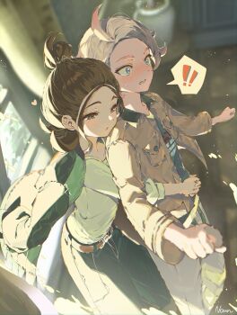 ! !! 1boy 1girl ahoge belt blonde_hair blue_eyes blue_shirt blush brown_hair brown_jacket commentary_request couple curtains full-face_blush green_shirt harmony_(pokemon) heart highres holding hug hug_from_behind jacket jacket_on_shoulders multicolored_hair nintendo no_headwear nownnownn open_clothes open_jacket pants pokemon pokemon_legends:_z-a shirt short_hair signature spoken_exclamation_mark urbain_(pokemon) vase window