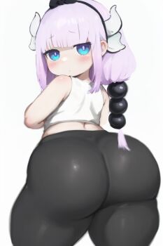 1girl ass black_pants blue_eyes blush dragon_girl dragon_horns female_focus highres horns huge_ass kanna_kamui kobayashi-san_chi_no_maidragon kyojiri_loli loli looking_back pants purple_hair simple_background solo spread_legs tight_clothes tight_pants ttt_artia white_background