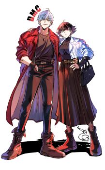1boy 1girl absurdres arm_around_shoulder arm_around_waist baehee5502 black_hair black_skirt coat copyright_name dante_(devil_may_cry) dated devil_may_cry devil_may_cry_(series) devil_may_cry_3 green_eyes hand_in_pocket hand_on_own_hip hashtag-only_commentary heterochromia highres jacket jewelry lady_(devil_may_cry) long_skirt looking_at_viewer necklace pants red_coat red_eyes signature simple_background skirt tongue tongue_out white_background white_hair white_jacket