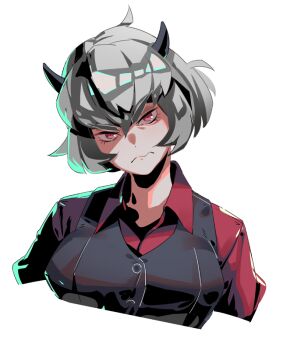 1girl black_horns breasts buttons closed_mouth demon demon_horns donuttypd grey_hair head_tilt helltaker horns large_breasts looking_to_the_side malina_(helltaker) medium_breasts neck red_eyes red_shirt shine shirt white_background