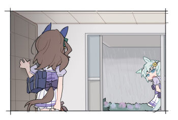 Rule 34 | 2girls, animal ears, bag, beer hsk, bow, brown hair, commentary request, day, flower, getabako, green bow, grey hair, hair bow, hair flower, hair ornament, hairclip, horse ears, horse girl, horse tail, indoors, king halo (umamusume), multiple girls, one side up, pleated skirt, puffy short sleeves, puffy sleeves, purple shirt, rain, school bag, school uniform, seiun sky (umamusume), shirt, short sleeves, skirt, standing, tail, tracen school uniform, umamusume, white skirt, yellow flower