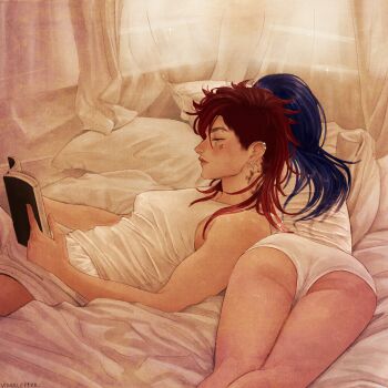 2girls absurdres ass asymmetrical_hair blue_hair butch/femme_couple caitlyn_(league_of_legends) commentary english_commentary eyebrow_cut face_piercing facial_tattoo highres league_of_legends lying multiple_girls neck_tattoo nose_piercing on_back on_bed on_stomach panties piercing reading red_hair sidecut tank_top tattoo thighs undercut underwear vi_(league_of_legends) visualeffex white_panties white_tank_top yuri