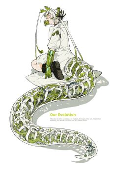 1other androgynous antenna_hair black_boots bone boots chinese_commentary coat commentary_request dajiafengfan25164 english_text engrish_text green_eyes highres lab_coat long_tail original other_focus ranguage see-through_tail short_hair simple_background sitting tail wariza white_background white_coat white_hair