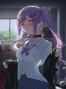 Rule 34 | 1girl, backlighting, ball, barbell piercing, black choker, black jacket, blue skirt, blunt bangs, blush, bow, bowtie, choker, collarbone, commentary request, dress shirt, ear piercing, fang, green eyes, gym storeroom, hair ornament, hairclip, highres, hololive, indoors, industrial piercing, jacket, light particles, long hair, looking at viewer, midriff peek, nail polish, navel, o-ring, o-ring choker, open mouth, parallel hairclips, partially open shirt, piercing, pink nails, pleated skirt, purple bow, purple bowtie, purple hair, removing jacket, shirt, sidelocks, skin fang, skirt, soccer ball, solo, standing, tashime, tokoyami towa, twintails, undressing, upper body, virtual youtuber, window, yellow nails