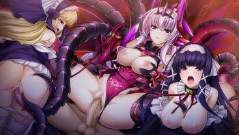 1boy 3girls abystia_dragoon anus ass black_hair black_tiara blonde_hair blush breasts breasts_out censored clothing_aside collar doggystyle game_cg gloves grabbing_own_breast group_sex hair_ribbon hairband harem headgear hetero inoino kouyoku_senki_exs-tia large_breasts large_variant_set leash leotard long_hair looking_at_viewer mosaic_censoring multiple_girls nipples non-web_source official_art open_mouth panties penis pointy_ears pubic_tattoo purple_eyes purple_hair pussy red_eyes reverse_cowgirl_position ribbon rieszverne_suzette_paladill sex sex_from_behind spread_legs straddling tail tattoo tentacles thighhighs tiara underwear vaginal variant_set white_hair white_panties white_thighhighs