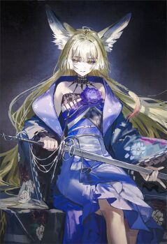 1girl animal_ear_fluff animal_ears arknights blonde_hair blue_coat blue_dress coat commentary dress flower fox_ears fox_girl highres holding holding_sword holding_weapon looking_to_the_side open_clothes open_coat parted_lips purple_flower quasarcake scar scar_on_face sleeveless sleeveless_dress smile solo strapless strapless_dress sword untranslatable_commentary vulpisfoglia_(arknights) weapon yellow_eyes