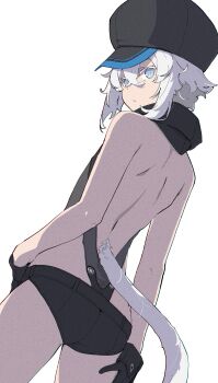 1girl ass back black_gloves black_hat blue_eyes collared_leotard colored_eyelashes film_grain gloves hair_between_eyes halterneck hand_on_own_thigh hat highres leotard looking_back median_furrow micro_shorts newsboy_cap original shorts simple_background slit_pupils solo subaru_(yamunashi) tail white_background white_hair white_tail yamunashi_(soregoshi)