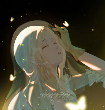 Rule 34 | 1girl, absurdres, artist name, black background, brown background, bug, butterfly, character request, commentary, detached sleeves, dress, english commentary, expressionless, frilled dress, frilled sleeves, frills, gloves, gradient background, hand on own head, hand on own neck, head tilt, highres, insect, light particles, lipstick, long sleeves, makeup, nikki (series), parted lips, pink lips, puffy short sleeves, puffy sleeves, see-through clothes, see-through veil, shining nikki, short sleeves, single glove, sleeveless, sleeveless dress, solo, suqiu, teeth, upper body, veil, watermark, white butterfly, white dress, white hair, white sleeves, yellow gloves, yellow veil