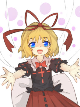 1girl back_bow black_shirt blonde_hair blue_eyes bow bowtie commentary edsky0309 hair_ribbon medicine_melancholy open_mouth puffy_short_sleeves puffy_sleeves puppet_strings red_bow red_bowtie red_ribbon red_skirt ribbon ribbon-trimmed_shirt ribbon-trimmed_skirt ribbon_trim shaded_face shirt short_sleeves skirt smile solo symbol-only_commentary touhou white_bow