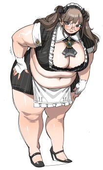 1girl apron ascot belly black_bow black_hairband black_shirt black_shoes black_skirt bow breasts brown_eyes brown_hair cleavage crop_top cross cross_earrings detached_collar earrings fat fat_rolls fat_woman fingerless_gloves frilled_hairband frills glasses gloves hair_bow hairband hand_on_own_hip hand_on_own_thigh high_heels jewelry large_breasts leaning_forward lips long_hair maid maid_headdress navel original pinstripe_pattern round_eyewear shirt shoes skirt smile solo standing thick_arms thick_thighs thighs twintails utoka white_apron white_background white_gloves