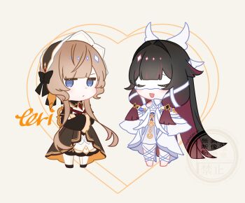 Rule 34 | 2girls, absurdres, bare shoulders, black collar, black hair, black sleeves, blue eyes, blush, bonnet, brown hair, chibi, chibi only, closed eyes, closed mouth, collar, columbina (genshin impact), commentary request, crossed arms, detached collar, detached sleeves, dress, eye mask, genshin impact, hair ornament, head wings, headdress, heart, highres, leg ribbon, long hair, long sleeves, mask, multicolored hair, multiple girls, multiple wings, open mouth, owl 5151, purple hair, purple streaks, ribbon, sandrone (genshin impact), see-through clothes, see-through mask, short hair with long locks, sidelocks, simple background, smile, streaked hair, two-tone hair, very long hair, white background, white dress, white headdress, white mask, white wings, winding key, wing hair ornament, wings, x-shaped eyewear