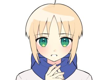 ahoge artoria_pendragon_(fate) blonde_hair blue_scarf dun_dudu fate/stay_night fate_(series) green_eyes saber_(fate) scarf sidelocks simple_background white_background