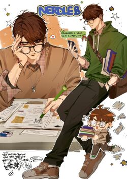 1boy @_@ allitems000 bag black-framed_eyewear black_pantyhose book bracelet brown_hair brown_shoes brown_sweater caleb_(love_and_deepspace) chibi chibi_inset collared_shirt dog_tags falling_paper glasses green_hoodie hair_between_eyes hand_in_pocket head_on_hand highres holding holding_book holding_phone hood hoodie jewelry love_and_deepspace male_focus multiple_views pantyhose phone plaid_clothes plaid_shirt protagonist_(love_and_deepspace) shirt shoes short_hair shoulder_bag sweater