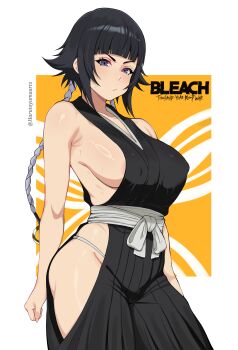 Rule 34 | 1girl, absurdres, alternate breast size (larger), artist name, bare shoulders, black hair, bleach, bleach: sennen kessen-hen, breasts, closed mouth, collarbone, copyright name, female focus, fundoshi, harutoyumaarts, highres, japanese clothes, large breasts, light blush, looking at viewer, medium hair, shiny skin, sideboob, simple background, solo, solo focus, standing, sui-feng, thighs