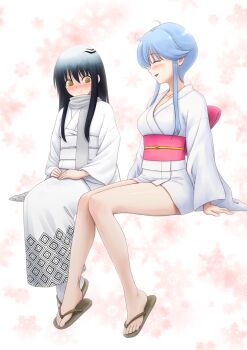 2girls black_hair blue_hair blush closed_eyes closed_mouth commentary_request crossover grey_scarf highres japanese_clothes jigoku_sensei_nube kimono long_hair long_sleeves lost_july multiple_girls nurarihyon_no_mago obi oikawa_tsurara open_mouth profile ringed_eyes sandals sash scarf short_kimono smile socks toes trait_connection white_kimono white_socks yellow_eyes yuki_onna_(nurarihyon_no_mago) yukime_(jigoku_sensei_nube)